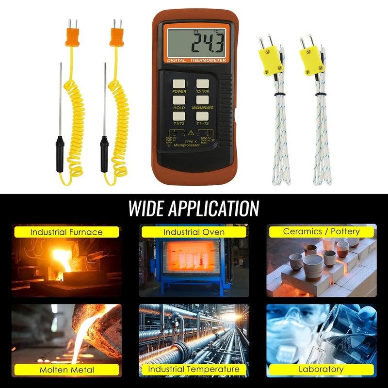 DANOPLUS Digital K Type Thermometer with 4 Thermocouples, Dual Channels Thermocouple Tester with MAX/MIN/AVG Temperature Measurement (-501300C) - Image 5